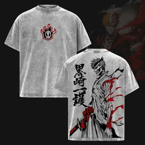 Men's Short-Sleeve Ichigo Kurosaki Bleach Anime T-Shirt, Vintage Acid-Wash Retro Heavyweight Cotton Fabric, Oversized Digital Print Unisex Relaxed-Fit Casual Streetwear, Gift for Anime Lovers