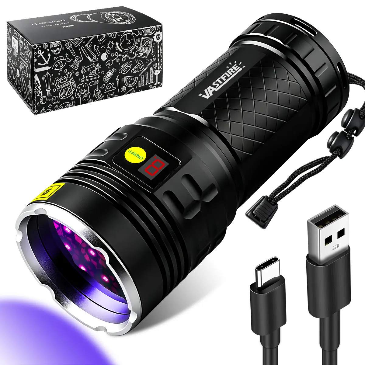 160W High-Power 365nm UV Flashlight with 8 LEDs, Rechargeable Black Light Torch (Batteries Included) for Resin Curing, Pet Urine Detection, Jade Hunting