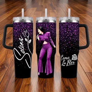 [ On Sale 45% ] Como La Flor 40oz Tumbler with Handle Straw Purple Glitter In Loving Memory Queen of Tejano Music Insulated Travel Mug Gift for Her