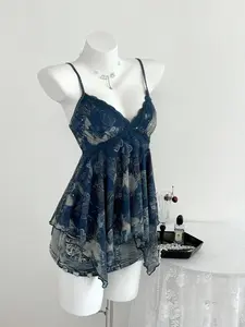 Summer New Sleeveless Mesh Top, Fashion Y2K Boho Style Asymmetrical Hem Lace Trim, Casual Women's Vest, Slim-Fitting Ladies' Clothing