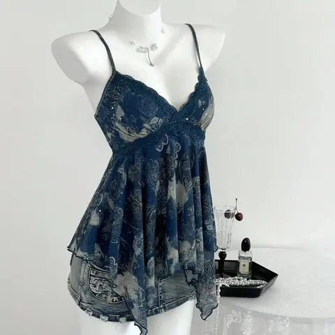 Summer New Breathable Mesh Print Top, Fashion Y2K Bohemian Boho Style Asymmetrical Hem Lace Trim Camisole, Casual Feminine Women's Vest, Slim-Fitting Ladies' Clothing, Sleeveless Casual Clothes