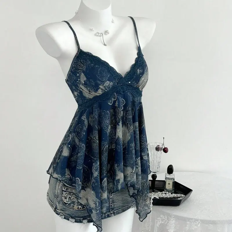 Summer New Breathable Mesh Print Top, Fashion Y2K Bohemian Boho Style Asymmetrical Hem Lace Trim Camisole, Casual Feminine Women's Vest, Slim-Fitting Ladies' Clothing, Sleeveless Casual Clothes