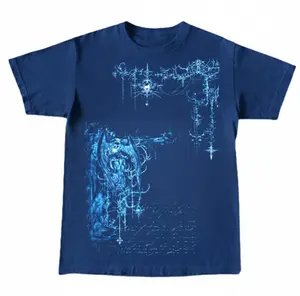 Cyber Grunge Angel T-Shirt, Neon Blue Gothic Fallen Angel Graphic Shirt, Y2K Dark Aesthetic Streetwear Tee, Crew Neck, Short Sleeve, Cotton, Gift for Aesthetic Him Her, Men And Womenswear Top