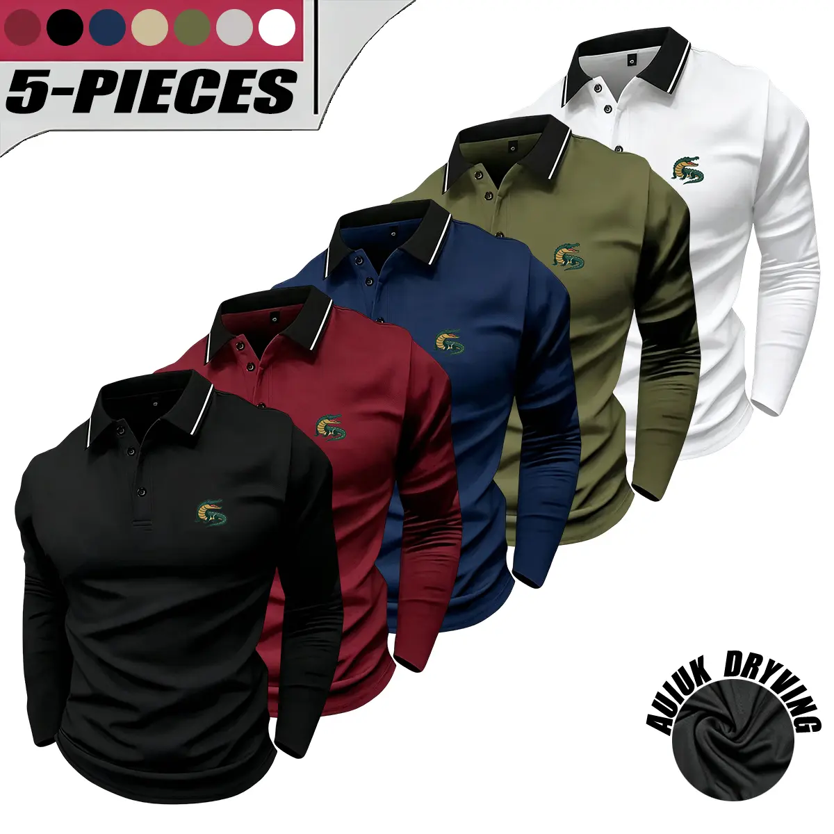5-Pack Men’s Casual Long-Sleeve Crocodile Print Polo Shirts – Breathable polyester fabric, minimalist, stylish, and distinctive design, suitable as a gift