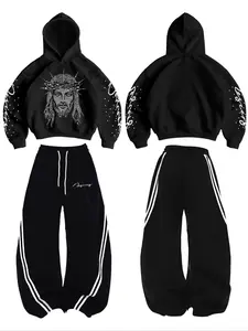 Men's Hoodie Set with Cartoon Pattern, Casual Loose-Fitting Sweatshirt and Pants, Fall & Winter Fashion, Unisex Couple