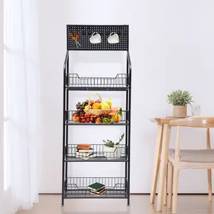 4-Tier Metal Bakers Rack with Storage, Wine Rack, Hooks, Adjustable, for Kitchen, Office, or Garage, Easy Assembly, Lockable Wheels
