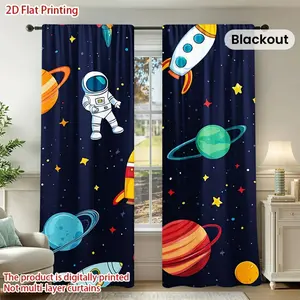 2D Flat, 2D Printing 2pcs, Banner Space-Themed Blackout Curtains with Astronaut & Planets Design - Semi-Transparent, Durable, Rod Pocket, Machine Washable Polyester for Bedroom, Living Room & Study Decor (Not Muti-Layer Curtains)