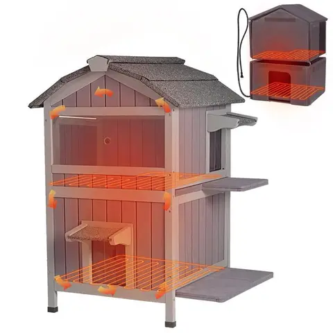 Aivituvin-AIR94-IN Heated Insulated 2-Storey Wood Cat House - Bed Built Kennel with 3-Layer & 6-Sides Insulated Materials, Soft Liner & Heated Pad Calming Bed, Easy Access & Ventilation, Hassle-Free Cleaning for Winter Indoor/Outdoor Use