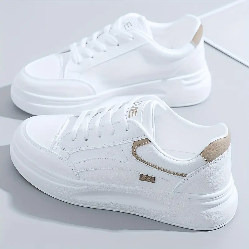 Women'S Platform Skate Shoes, Versatile Height Increasing Lace Up Low Top Shoes, Outdoor Walking White Shoes Plus Size