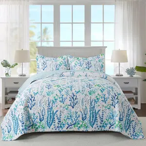 Coastal Coral Printed Summer Quilt,  Size, Ultra Soft & Lightweight Beach Quilt Bedding Set, Undersea World