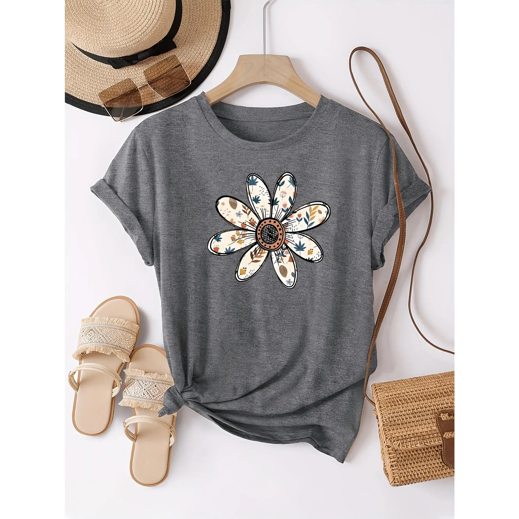 Vintage Floral Pattern Printed Short Sleeve T-Shirt, Women'S Casual Round Neck Top, Suitable for Spring/Summer Daily Wear, Women'S Clothing
