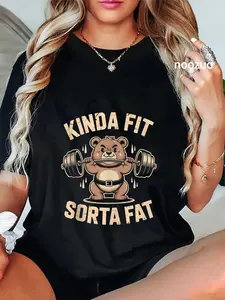 100% Cotton Unisex Kinda Fit Sorta Fat Funny Cute Bear Weightlifter Workout Gym T-Shirt