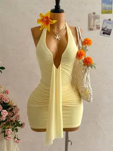 Women's Casual Vacation Sexy Deep V-Neck Tie Halter Bow Tie Ruched Mini Dress, Suitable For Beach, Cruise, Music Festival In Summer Yellow Halter Dress Yellow Sundress Sexy Sundress Yellow Beach Dress Yellow Vacation Dress,Date, Afternoon Tea,Dres