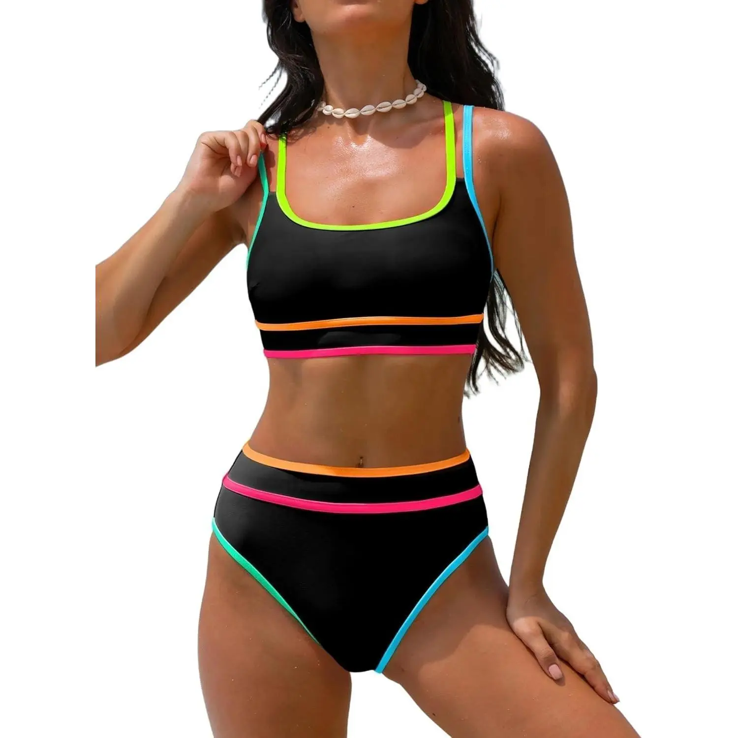 Women's High Waisted Bikini Sets Neon Two Piece 2026 Swimsuit Sporty Adjustable Straps Bathing Suit