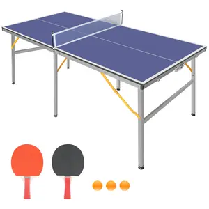 6ft Blue Mid-Size Table Tennis Table Foldable & Portable Ping Pong Table Set for Indoor & Outdoor Games with Net, 2 Table Tennis Paddles and 3 Balls