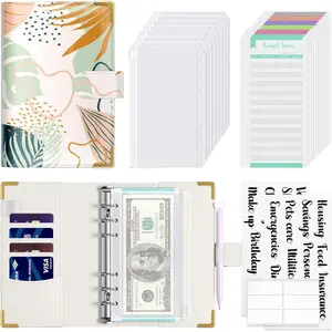 Budget Binder with Zipper Envelopes, A6  Saving Binder  Envelopes for Budgeting, PU Leather Planner  Organizer for  Bills, Cute Boho System Wallet for Women, Tropical Leaves