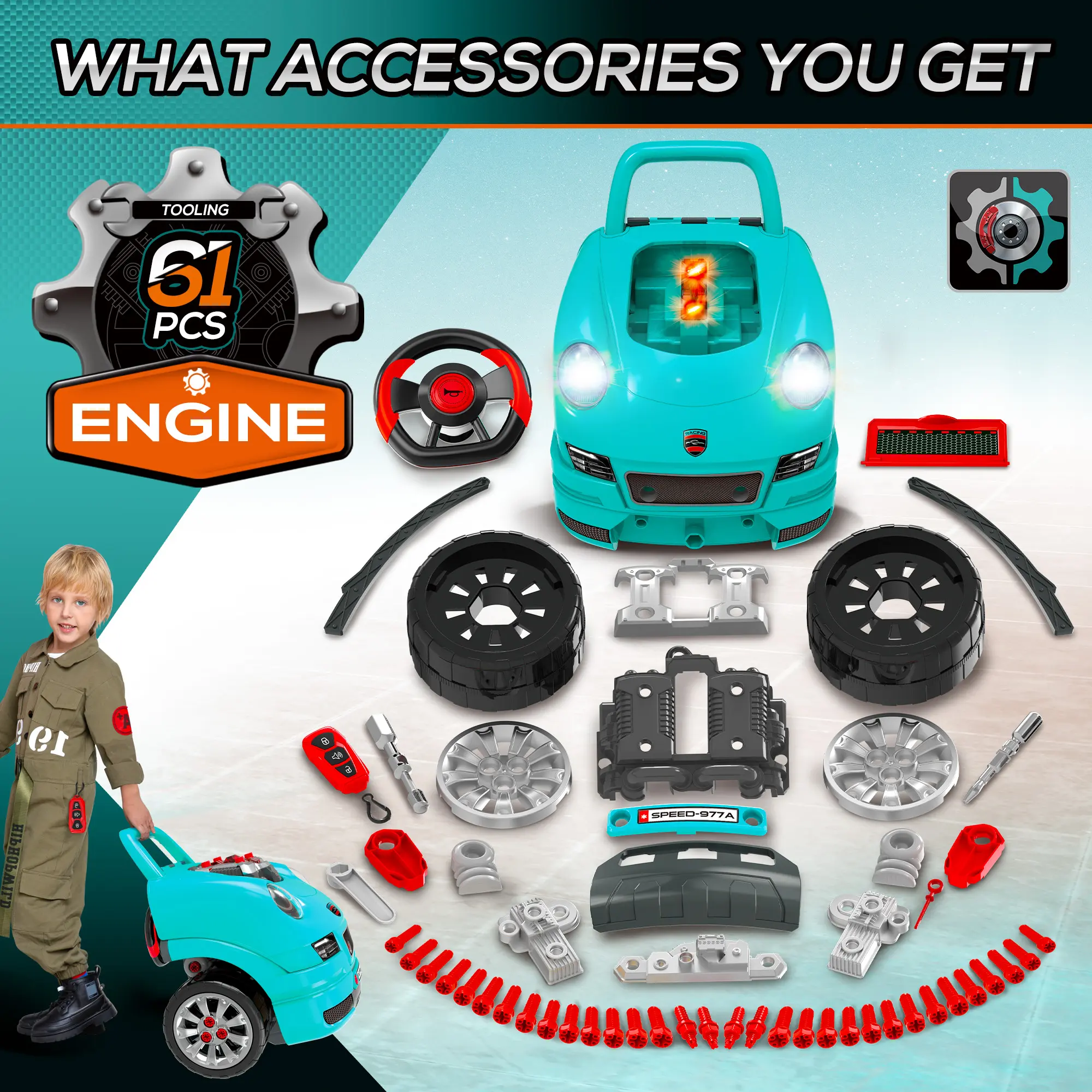 Qaba Kids Truck Engine Toy, Kids Mechanic Car Repair Set, Engine Disassembly Play Workshop, Includes 61 Pieces, Steering Wheel, Horn, Light for 3-5 Years Old