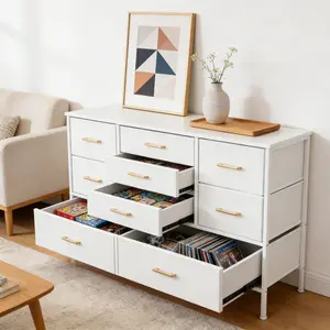 Must-have versatile storage for every modern home!This white chest of drawers features 9 fabric bins, a sleek tall design, and smooth functional drawers.Easy to assemble, stylish and practical for bedroom, closet, hallway or nursery