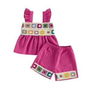 Canrulo Toddler Girl Summer Clothes Crochet Flowers 2 Piece Short Sets Ruffle Sleeveless Babydoll Tops + Shorts Outfits