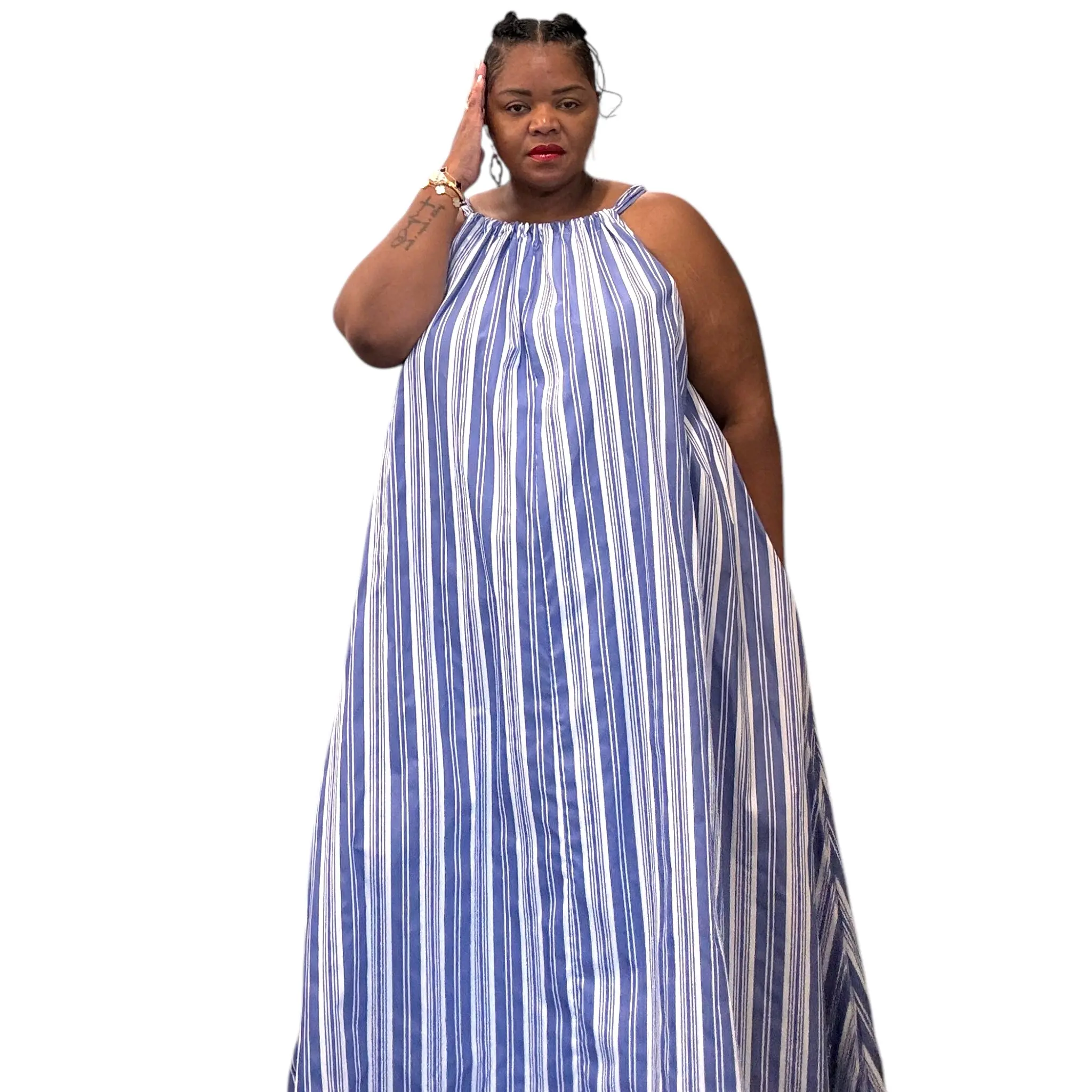 plus size blue and white striped dress Textured Stripe Flounce Hem Dress