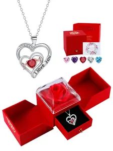 I Love You Mom Heart Pendant Necklace With Rose Jewelry Gift Box, Double Love Heart Necklace for Mother, Mother's Day Birthday Jewelry Gift for Mom Grandma, Elegant Necklace