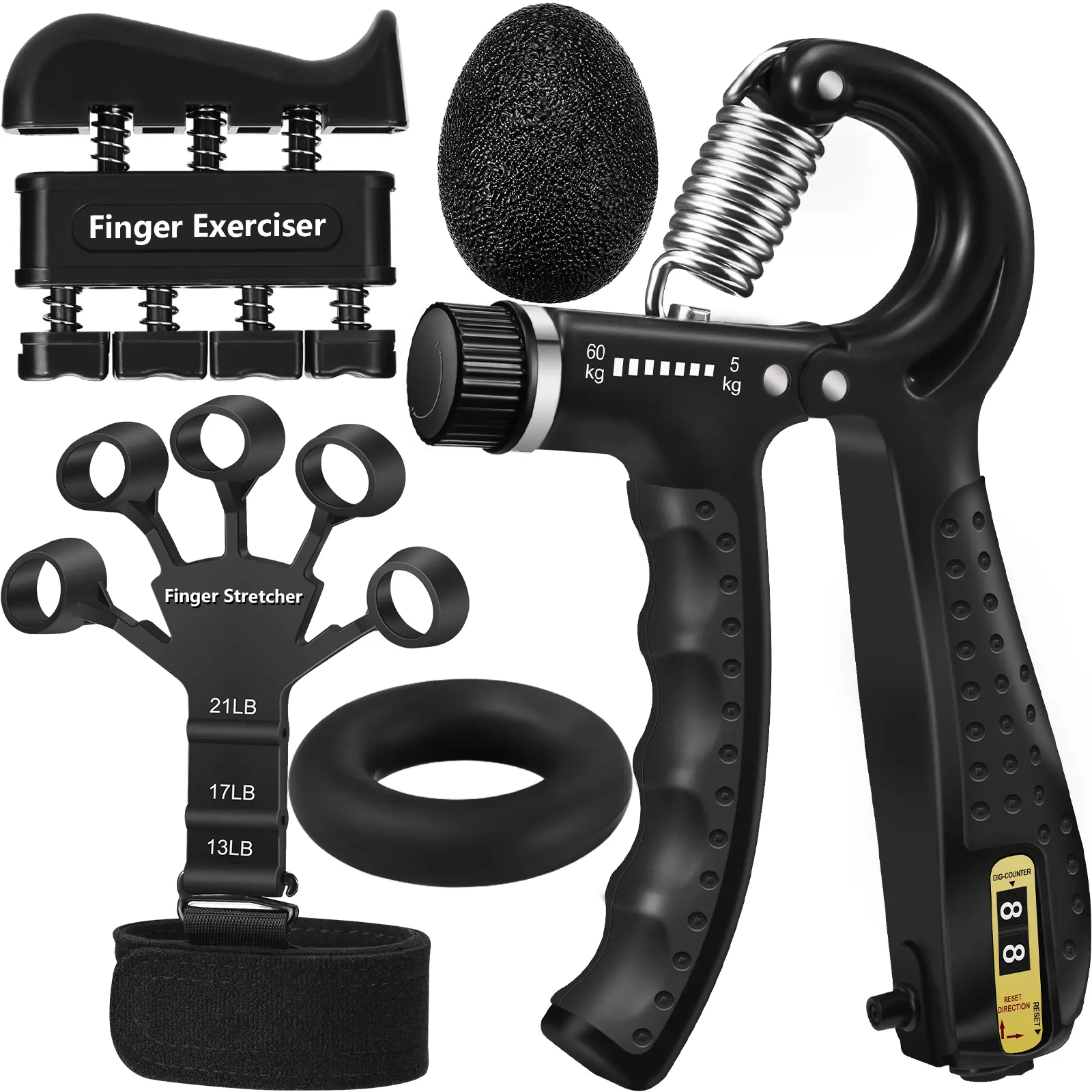 Hand Grip Strength Trainer Kit - Finger Exerciser, Finger Stretcher, Grip Ring, Stress Relief Ball for Muscle Building, Injury Recovery & Outdoor Fun