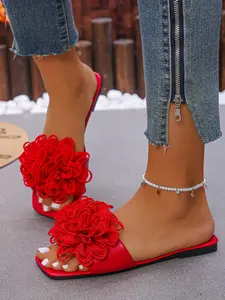 Women's Fashionable Flower Decorated Slides, Casual Comfortable Flat Sandals for Summer, Lightweight Breathable Shoes for Daily Wear, Girl, PU Leather Slides, Footwear for Beach