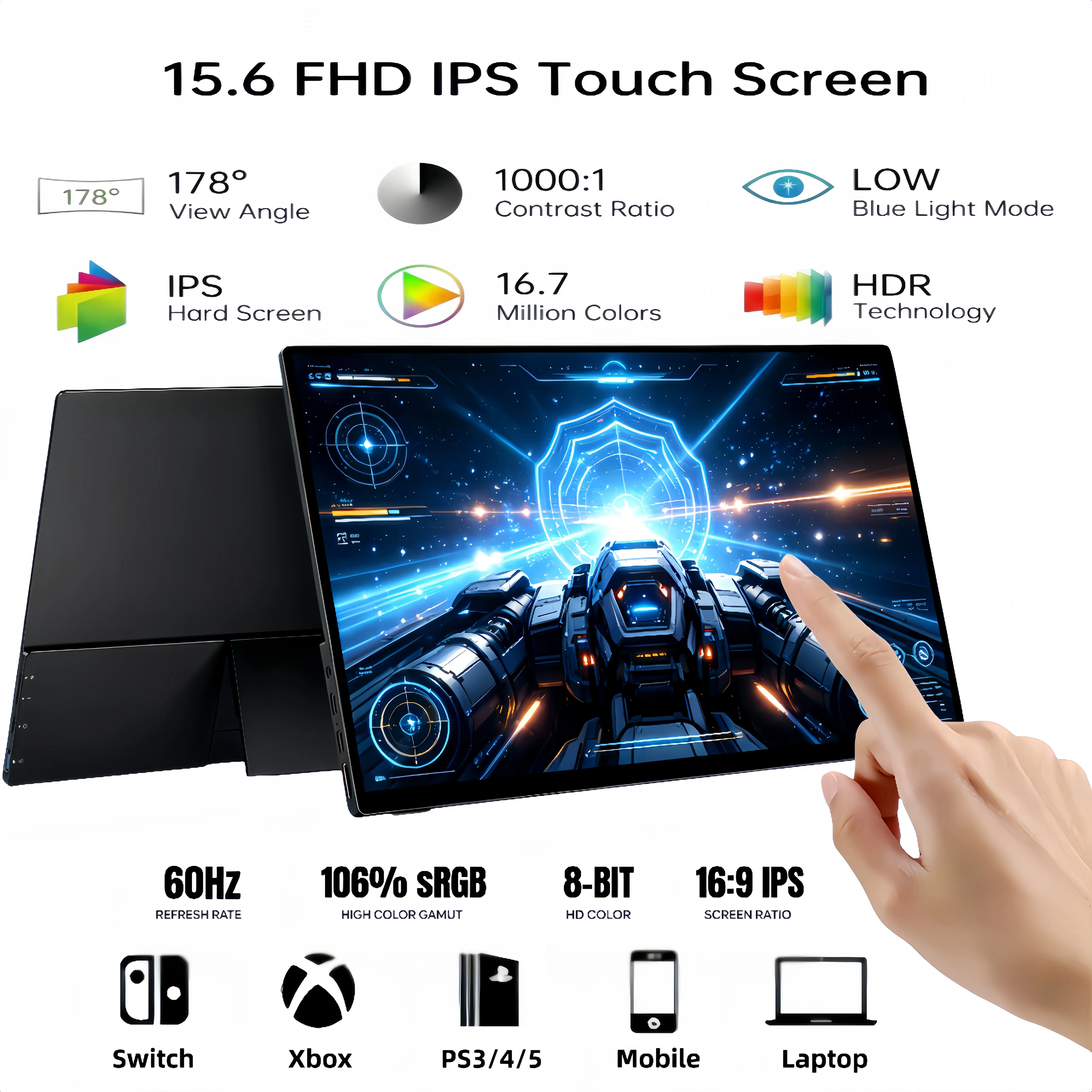 15.6" Portable Gaming Monitor, Portable Touchscreen Monitor, 144Hz/60Hz, 1080P FHD, 100% sRGB, Built-in Kickstand, External Second Screen for PS5 Xbox Laptop PC Switch