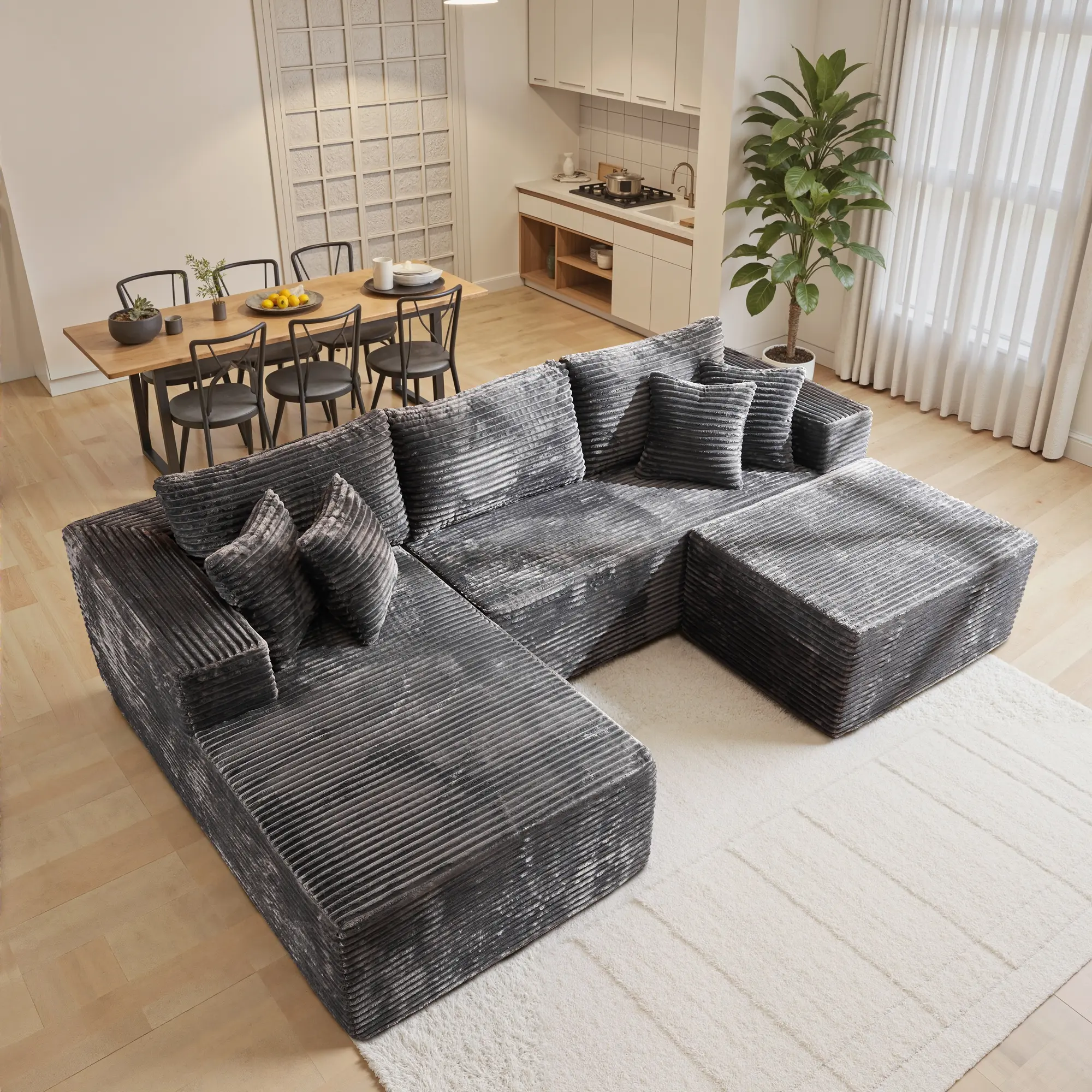 【3 Packages Shipping】HOOOWOOO 108.27" Boneless Cloud Sectional Couch  - Plush Corduroy Fabric, With Removable Ottomans & Chaise, Modern Modular Sofa with Deep Seat, Upholstered Couches for Living Room Bedroom, No Assembly Required