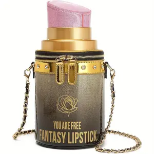 Women Fashion Lipstick Shaped Crossbody Shoulder Bag PU Leather Unique Novelty Chain Lipstick Purse