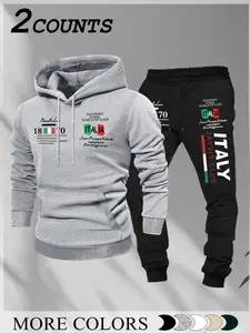 Men's Autumn Winter Long Sleeve Hoodie Long Pants Set, Casual Fitted Graphic Print Sweatshirt & Jogger Trouser, Comfortable Knit Fabric, Fall Fashion