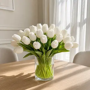 16-Piece Handmade Crochet White Tulip Artificial Bouquet, Easy-Maintenance Decorative Floral Accent with Real-Touch Ivory Rose, Light Home Decor Plants for Living Room Coffee Table Spring Styling multicolor