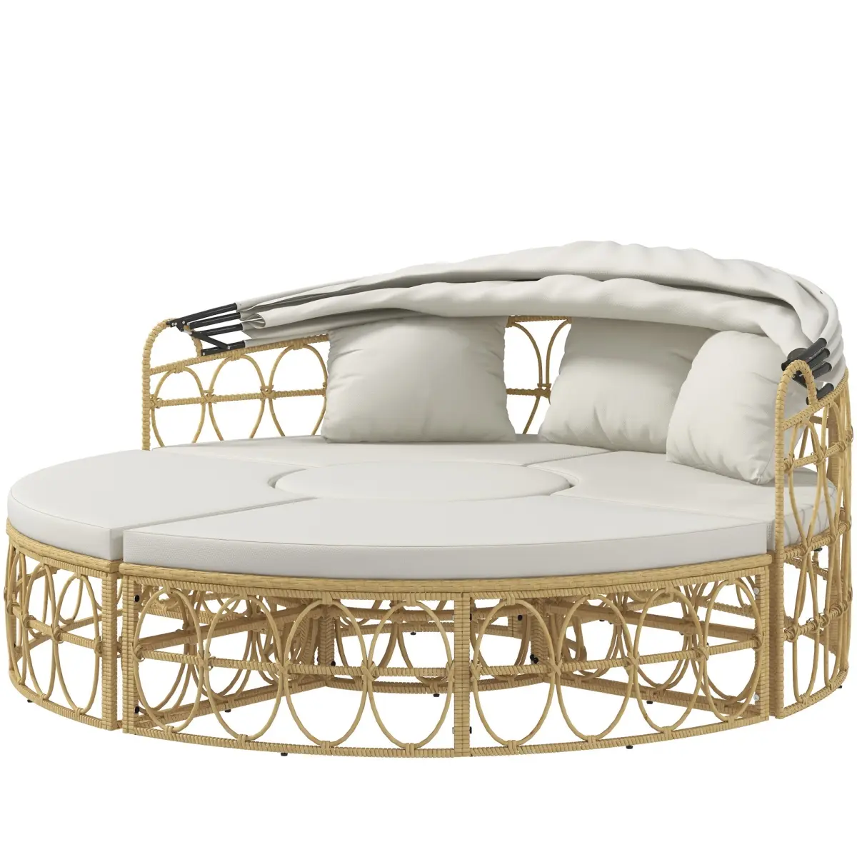 212 Main 860-317V00CW Outsunny Patio Furniture Set, Round Outdoor Daybed with Retractable Canopy, Hollow Wicker PE Rattan Sectional Sofa with Cushions for Pool, Lawn, Beige