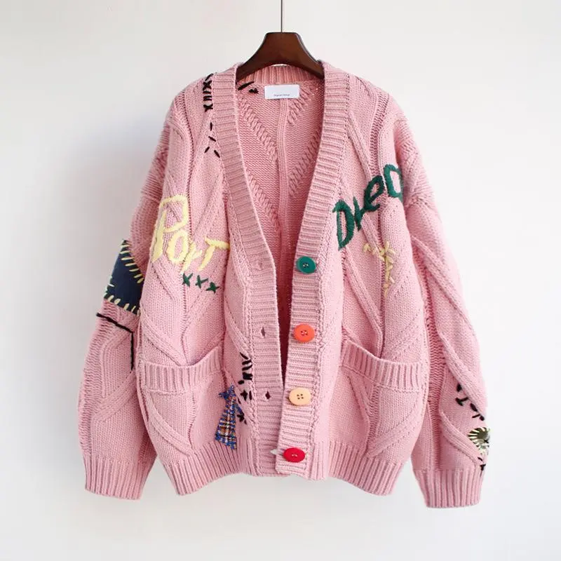 Women's Cable Knit Long Sleeve Open Front Cardigan Sheep V-Neck Button Down Embroidery Wool Blend Sweater Coat Outwear