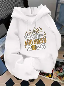 Women's Fashion Hoodie Feliz Ano Nuevo Letter Print Kangaroo Pocket, Casual Long Sleeve Sweatshirt for Fall & Winter