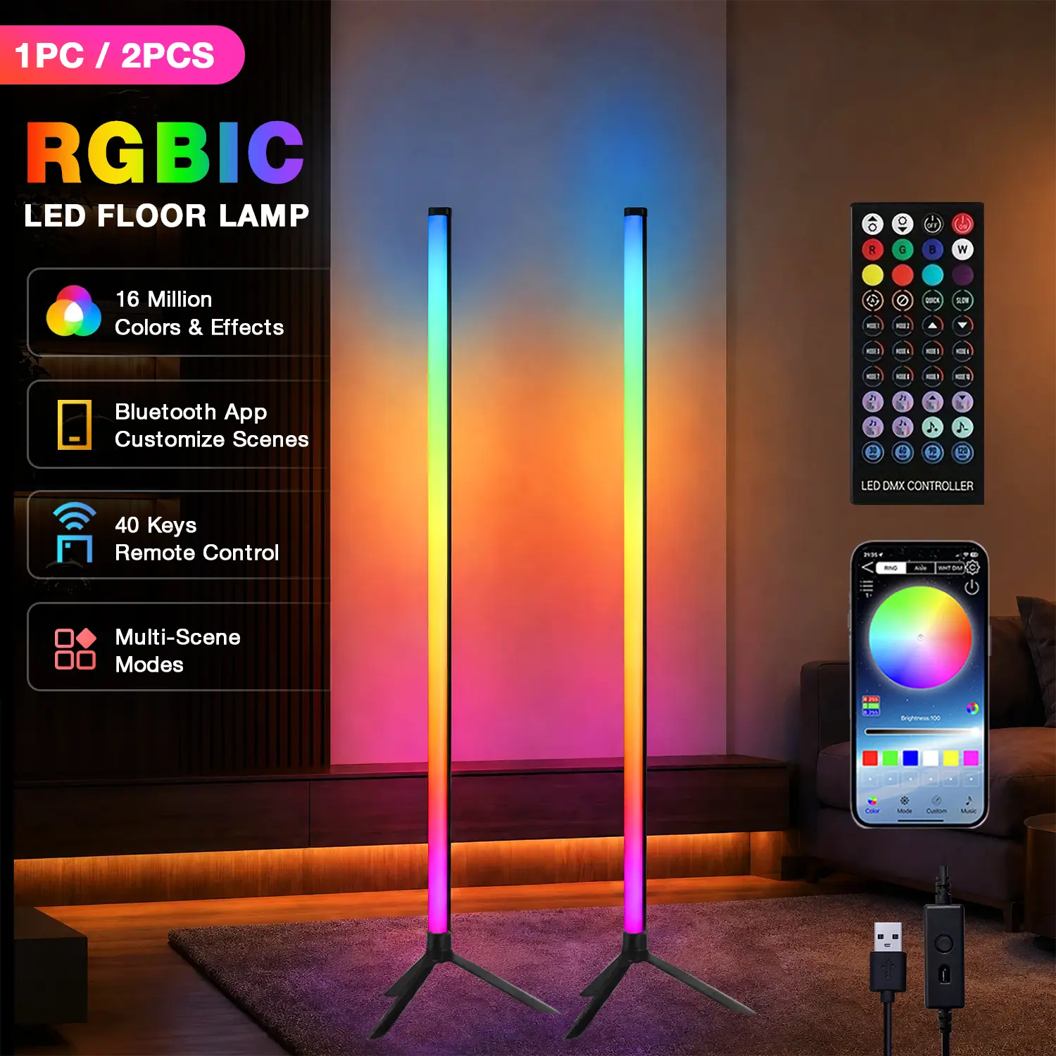 Smart RGB LED Corner Floor Lamp, 16M Colors LED Standing Mood Light, Music Sync, App & Remote Dimmable, Modern Design for Gaming Room Office Bedroom Living Room, Ambient Atmosphere Home Decor