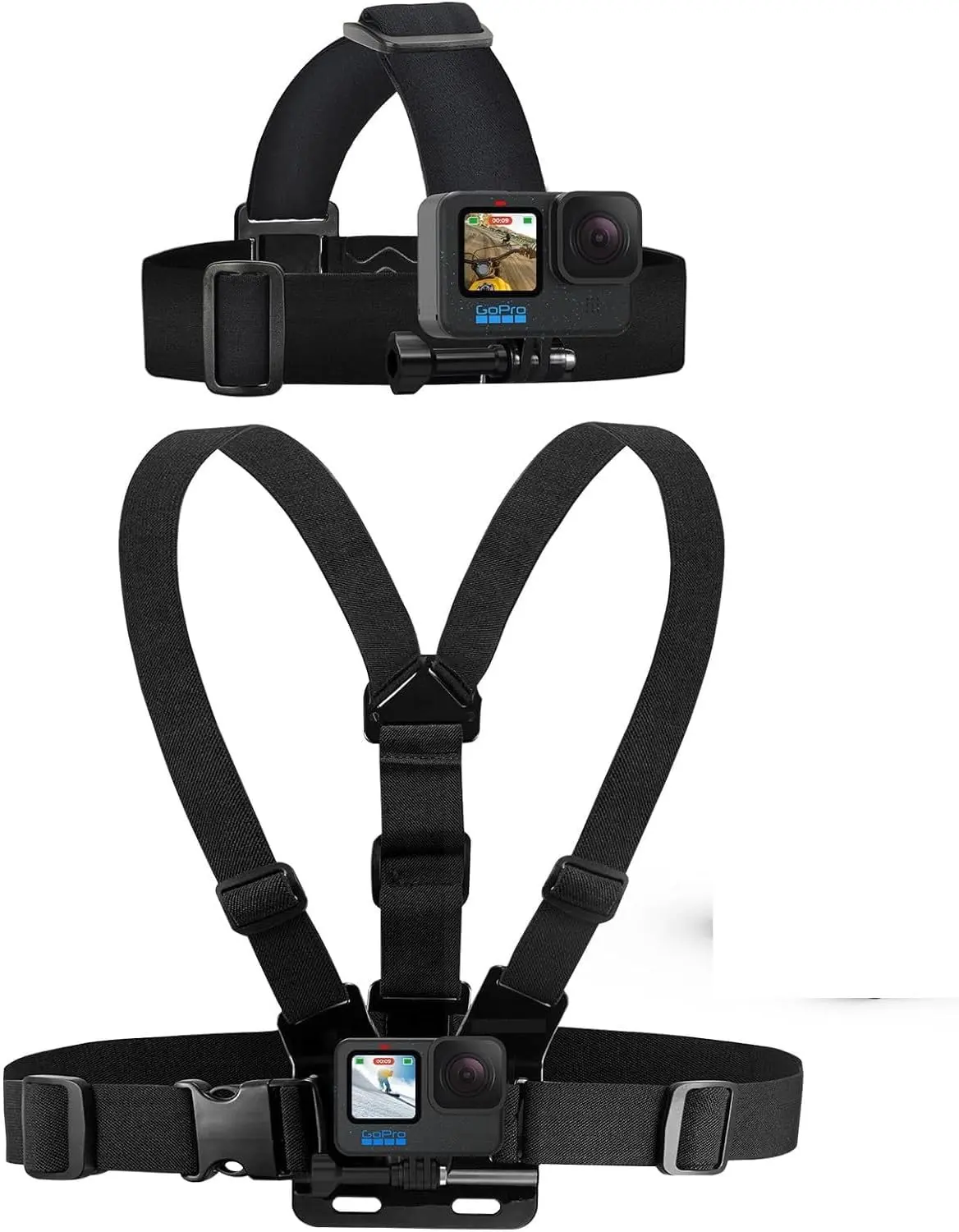 Fully Adjustable Head Strap & Chest Mount Harness Camera Accessories for Photography, GoPro Action Cameras, Phones - Quick Release Buckle, Hiking, Cycling, Lower-Than-The-Helmet View Capture