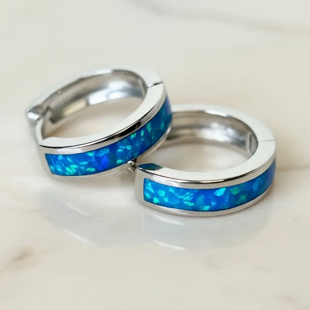Silver Blue Opal Hoop Earrings, Dainty Huggies, Everyday Jewelry, Gift for Her