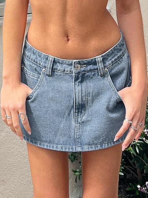 EMMIOL Vintage Blue Fit Denim Mini Jean Skirt for Women - Casual Style Regular Fit Above Knee Cotton Material Multi Belt Loops No Sheer Material Chic Womenswear Machine Washable - Bottom