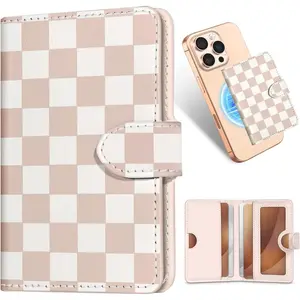 for Magnetic Phone Wallet Compatible with Magsafe Card Holder - Luxury Slim Leather Mag Wallets for Women Fit 4 Cards, for iPhone 17/16/15/14/13/12 Series for Apple RFID Magnet, Checkered