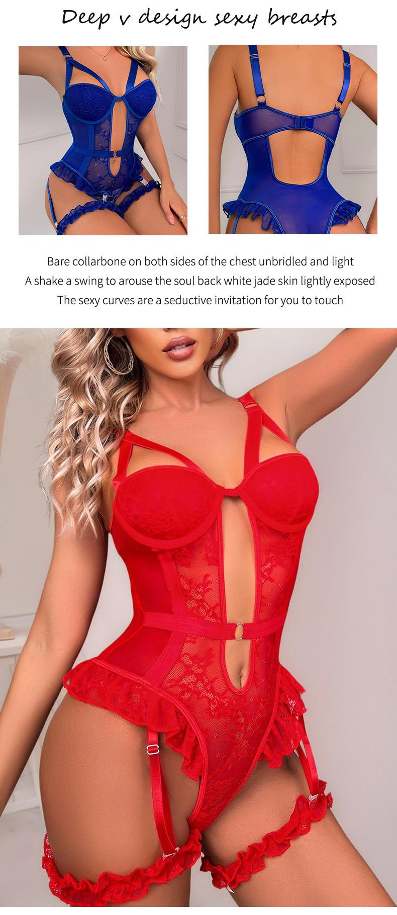 Women's French Retro Sheer Lace Lingerie Set - 3-D Cut Patchwork Jumpsuit, Bustier, Garterbelt, Flirty Teddy Bodysuit, Lady Clothes, Sleepwear, Soft on Skin Fabric, Elegant Fit, Floral Fashion, Hand Wash, Comfy Wear, Halloween Gift