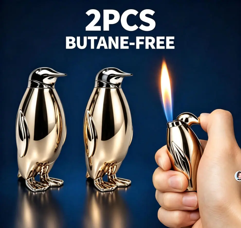 2PCS Creative Penguin-Shaped Rechargeable Lighters - No Butane, Open Flame Windproof, Adjustable Flame, Pocket-Sized Portable Functional Hiking Gear Accessories for Outdoor Camping, Candle Lighting