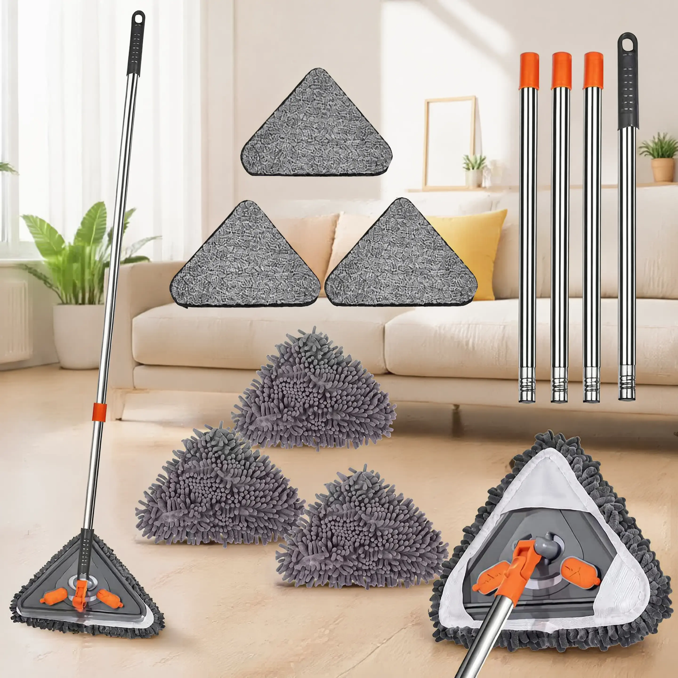 360° Rotating Triangle Wall Cleaning Mop with Long Handle, 6 Reusable Microfiber Pads for Walls and Ceilings