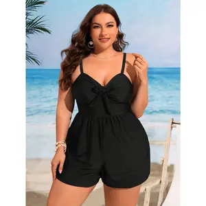 Women's Plus Size Black One-Piece Swimsuit with Tummy Control, V-Neck Design & Adjustable Straps - Stretchy, Slimming Beachwear for Resort & Poolside, Bathing Suits Tiktok shop