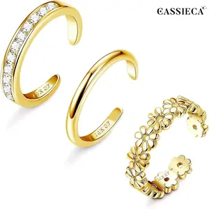 CASSIECA Women's 3PCS Minimalist Open-Band Toe Rings Set, 14 Karat Gold-Plated Filled, Adjustable CZ Floral Daisy Design, Summer Beach Footwear Fashion Costume Jewelry