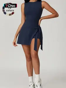 Sporty Women's Solid Color 2-IN-1 Tie Front Wrap Sports Dress, Sport Sleeveless Round Neck Short Dress for Tennis Attire Gym Workout, Ladies Sportswear for All Seasons