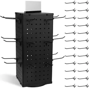 Rotating Pegboard Display Stand With 24, 4-Sided Spinning Peg Board Display 7.4"x7.4"x17" Spinner Pegboard Carousel Craft Rack Organizer (Black)
