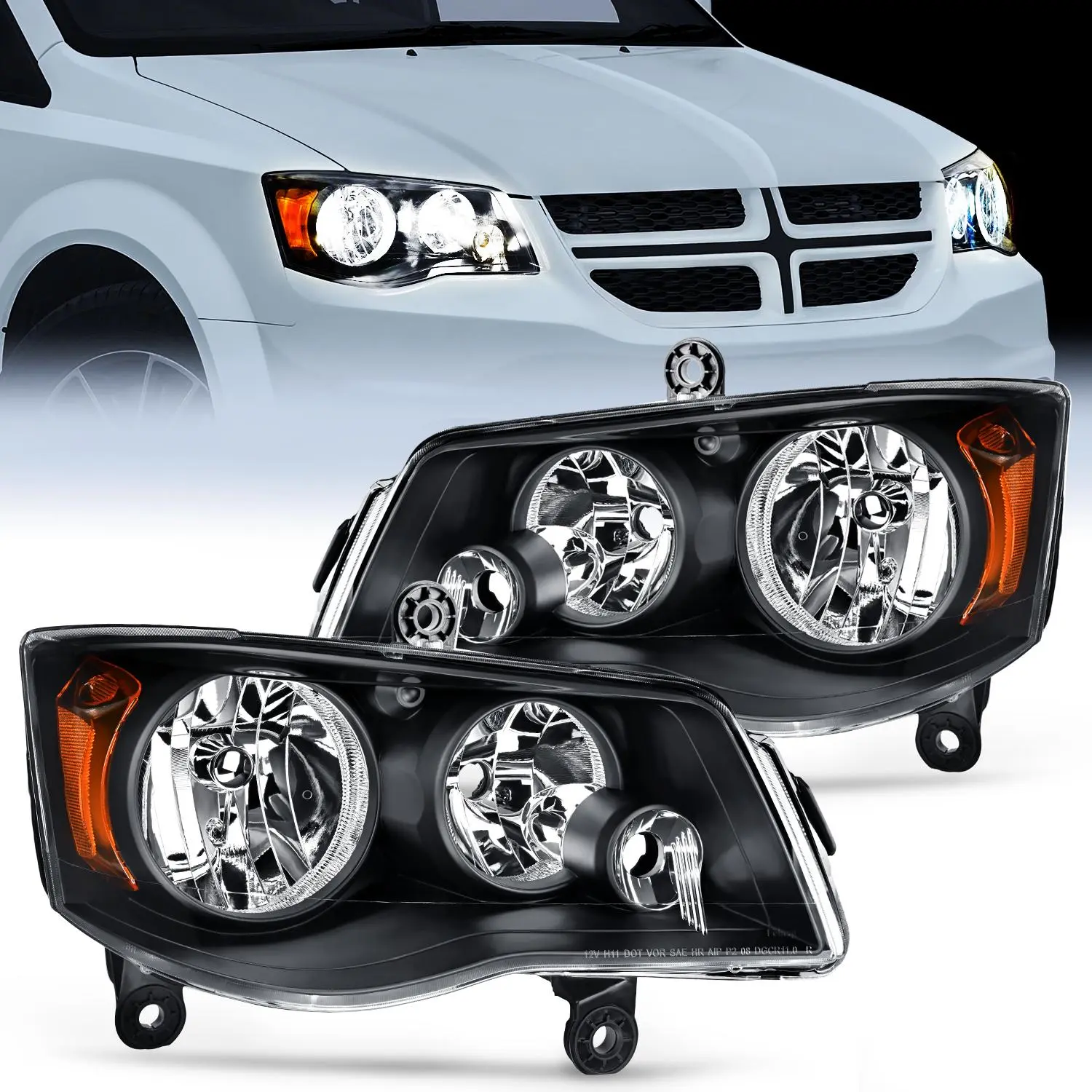 Nilight Headlight Assembly with LED DRL, Headlight LED & High Lumen Design for 2011-2019 Dodge Grand Caravan & 2008-2016 Chrysler Town & Country, Black Housing Amber Reflector Replacement Headlamp, High Lumen Headlight