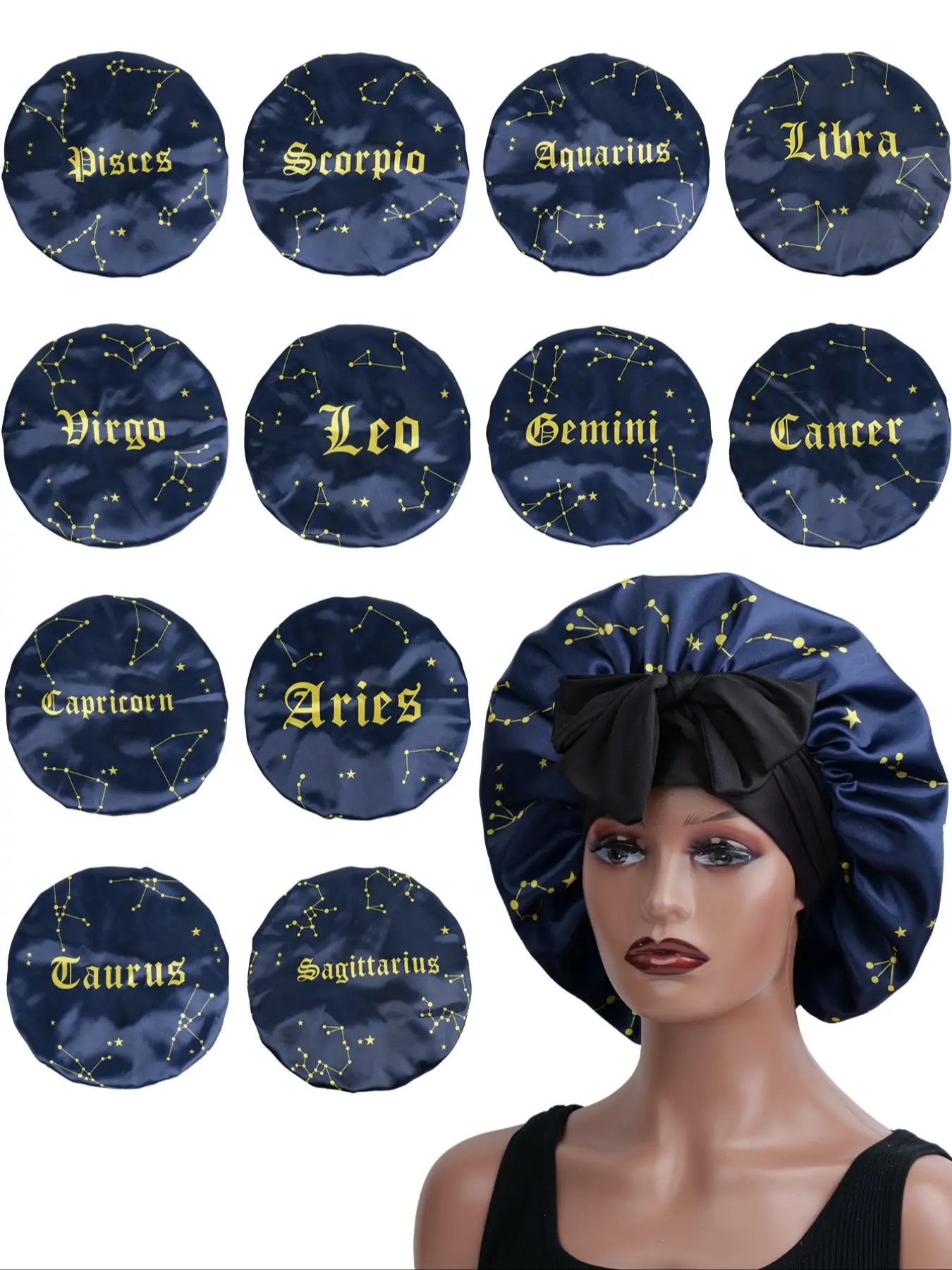 Constellation Starry Sky Long Tail Bow Night Sleep Cap, Unisex Butterfly Knot Hat, Christmas Gift, Twelve Constellations Sleep Caps, Bonnets For Sleeping
