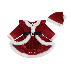 Newborn Baby Girl Christmas Outfit Baby Girl Christmas Dress Long Sleeve Jumpsuits Plush Patchwork Santa Romper Dress and Cute Santa Hat Fall Winter Clothes